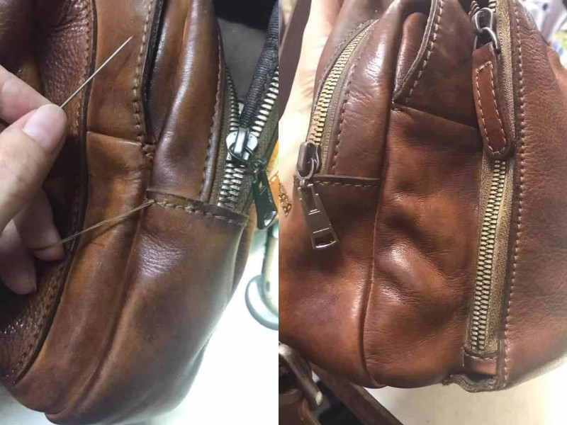Repair of worn brown leather bag by re-sewing of threads by hand.