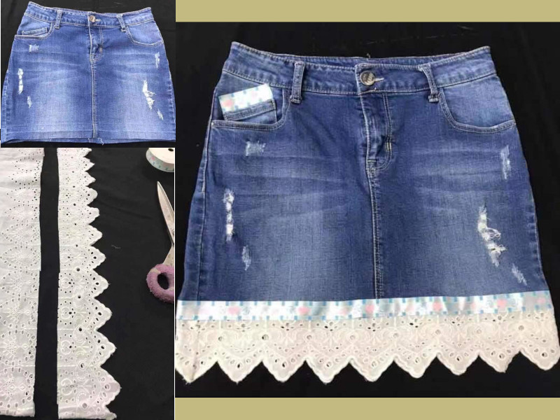 Denim skirt was extended with a lace edge from another skirt. A interface fabric was sewn between the denim and the lace to match the color contrast.