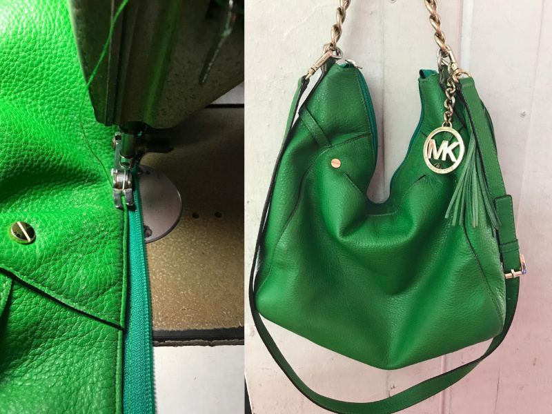 Green handbag was repaired by replacing defective zipper.