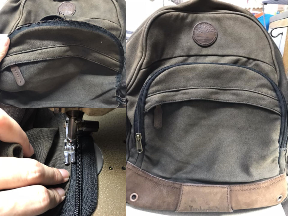 Old Timberland backpack was restored by replacing with a new zipper
