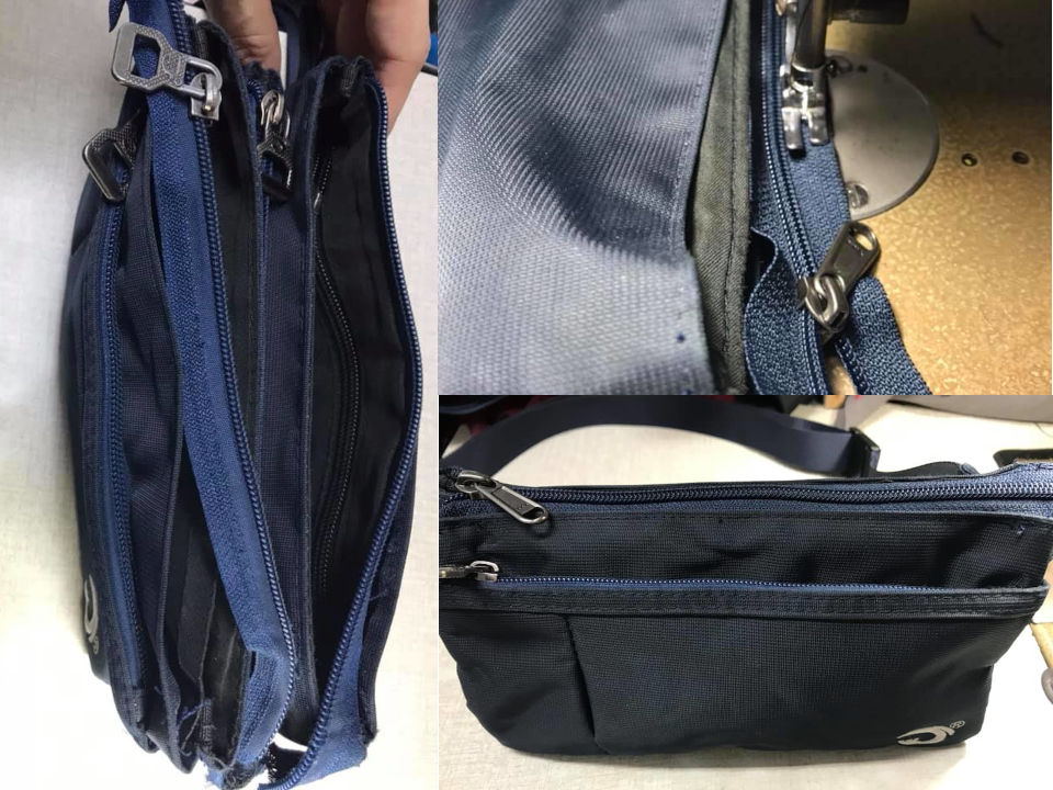 Repair of blue waist pouch by replacing the broken zipper with a new zipper.