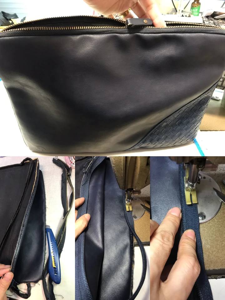 The zipper on a black leather messenger bag with blue corner leather design was replaced by hand removing the broken zipper with a pen knife. It was then resewn with a new matching blue zipper with a sewing machine.