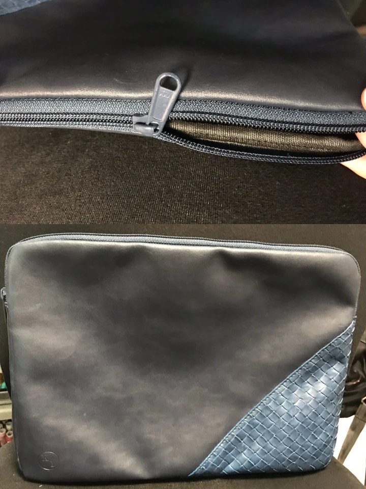 The top shows a replaced bluish color zipper that match the color of the blue color leather on the bottom right of the messenger bag. The bottom shows the repaired messenger bag with zipper closed.