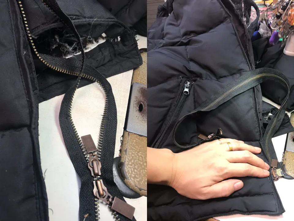 The replacement metal zipper with 2 metal pull tabs are measured at the left half of the picture and readied to be sewn on the the jacket on the right half of the photo.