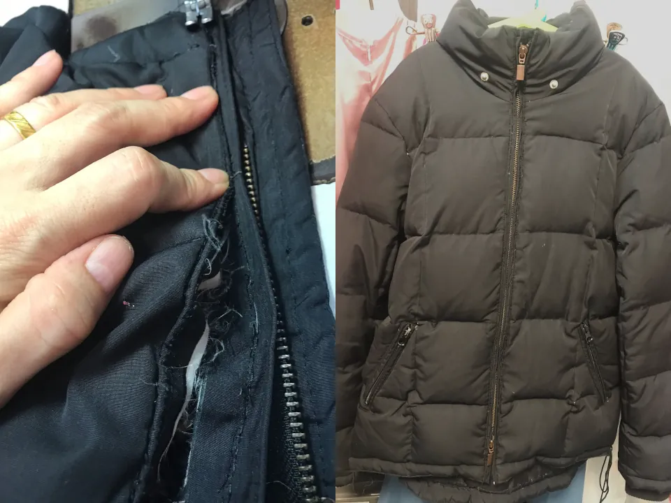 The left half of the picture shows the metal zipper being aligned to be sewn onto the winter jacket. The right half of the picture shows the completed repair and replacement of the worn zipper.