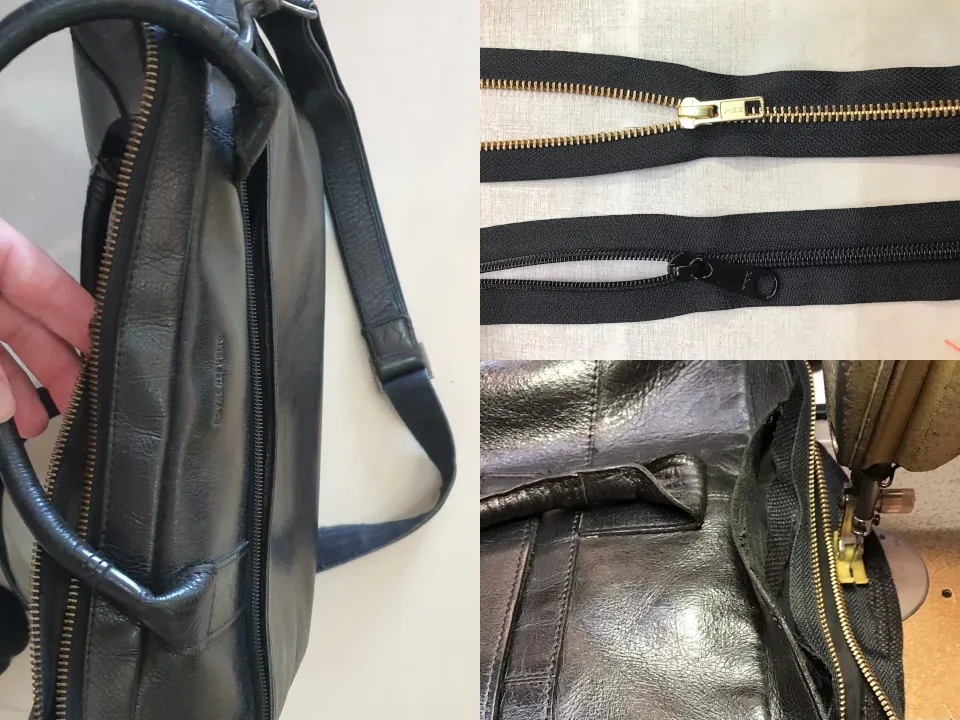 Zipper on black leather document bag at the left of the picture was worn, there are 2 replacement nylon and metallic zippers on the top right of the picture. On the bottom right shows the repaired document bag with metal zipper.