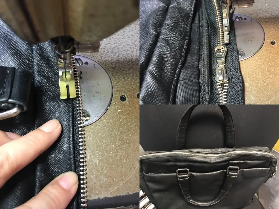The left half of the picture show a double pull zipper was being sewn on a black leather bag. Top right shows the close up of the sewing. The bottom right shows the repaired bag.