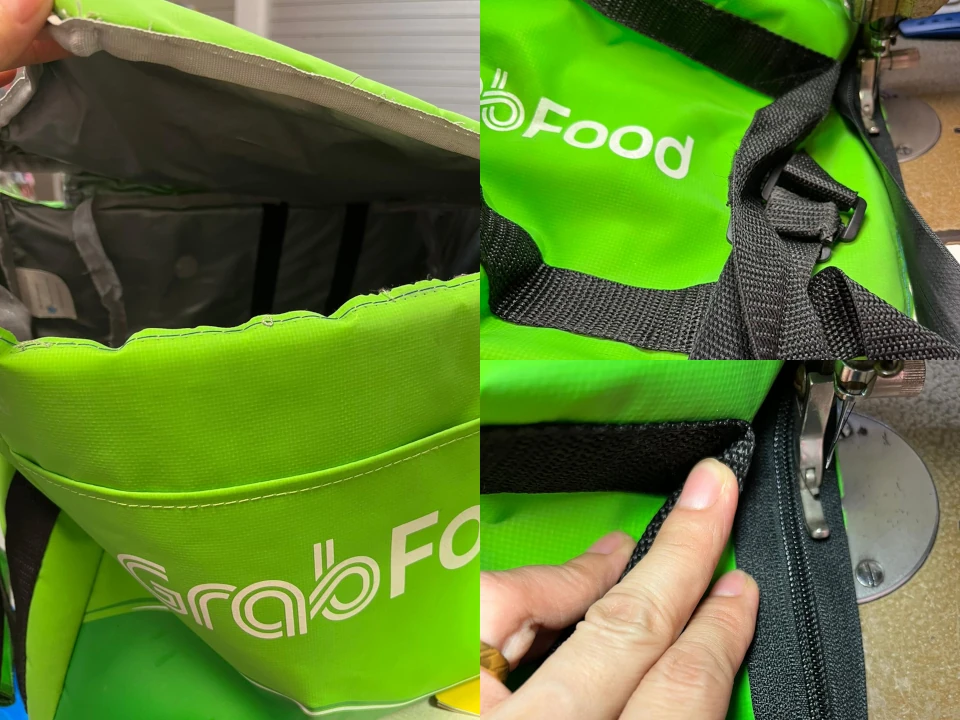 Left half of the picture shows the worn water resistance zipper being removed from a green GrabFood backpack. Top right and bottom half of the picture shows the zipper being sewn by a sewing machine.