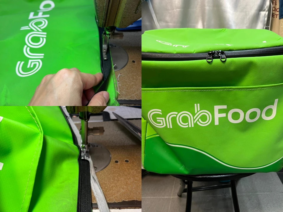 Top left and button left shows a green GrabFood backpack being sewn and right half of the picture shows completed replacement of the water resistance zipper.