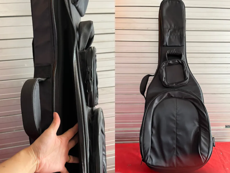 Left side of image show a hand showing worn zipper on a guitar gig bag. Right side shows repaired guitar bag.