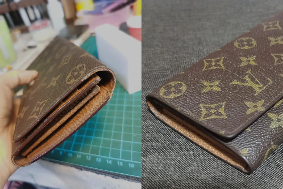 This branded wallet at the left of photo shows the edge being worn out and de-colorized. The right side show the restored edge and the color restoration.