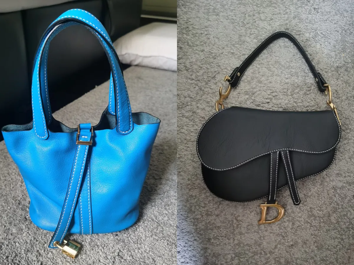 Left side of the photo shows a blue leather bag made from a piece of leather. The right side shows a black custom made leather hand bag.