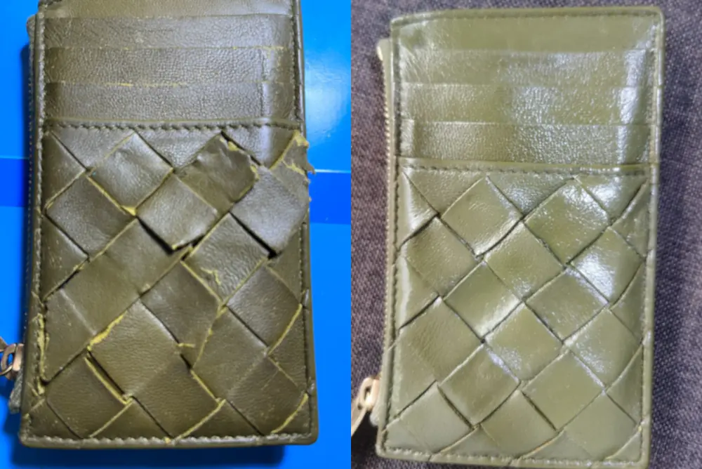 This leather lattice wallet shown on the left was damaged by a pet dog and it was restored on the right side of the photo.