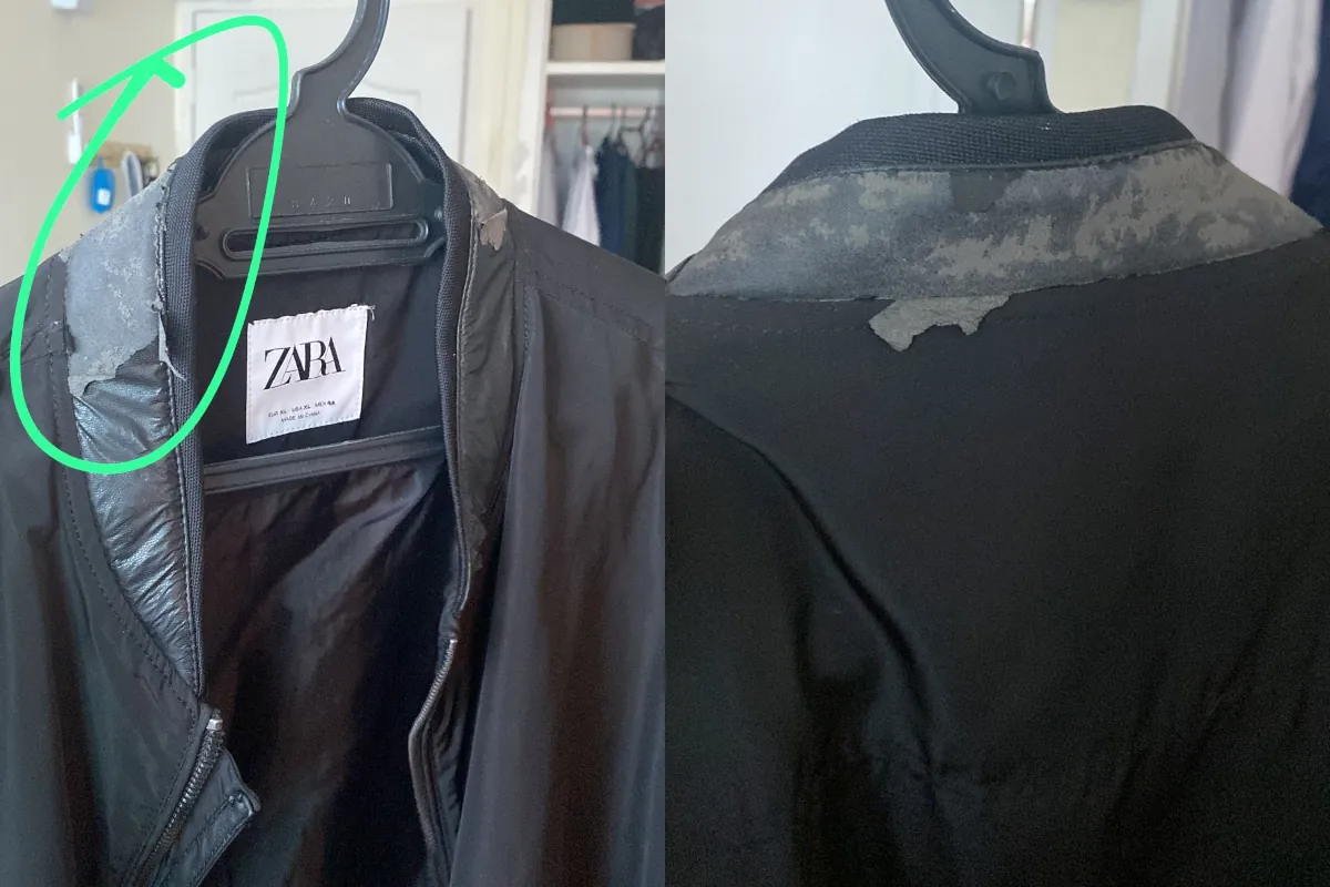 Left side of photo shows front view of a Zara jacket with disintegrated faux leather collar. Right side shows the back view of the damage.