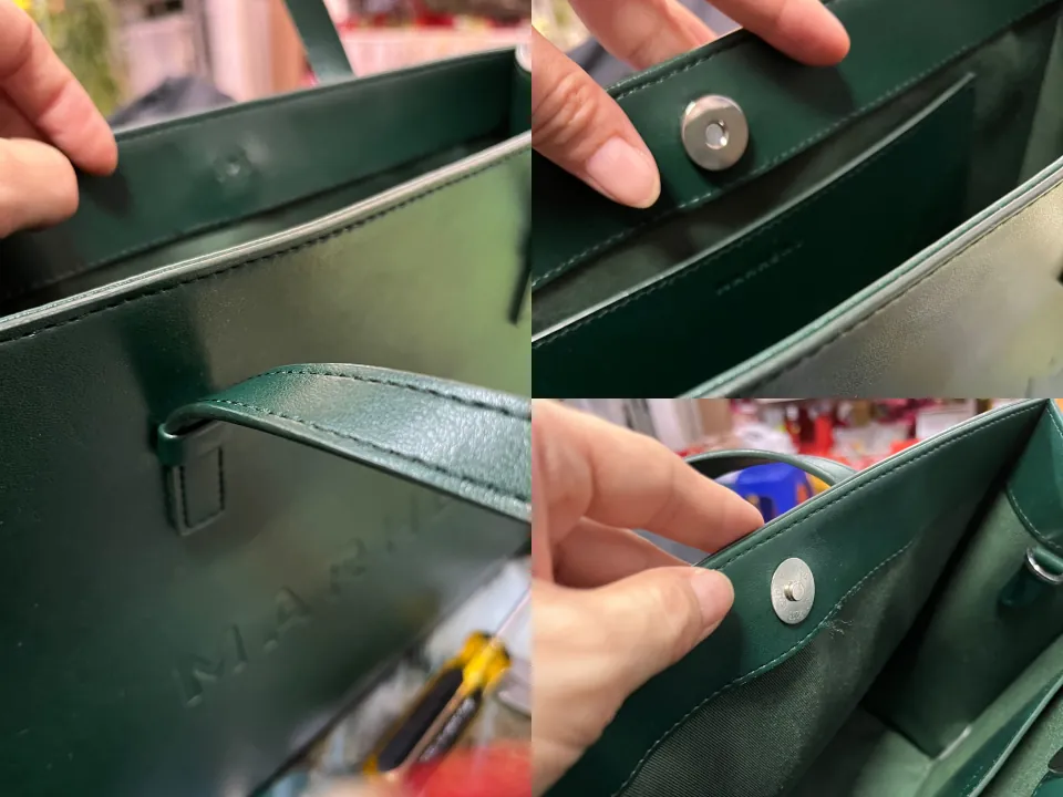 Picture collage showing a green leather bag left side of picture showing missing magnetic purse closure. Right side top and bottom show replaced both sides with a new pair of the clasps.